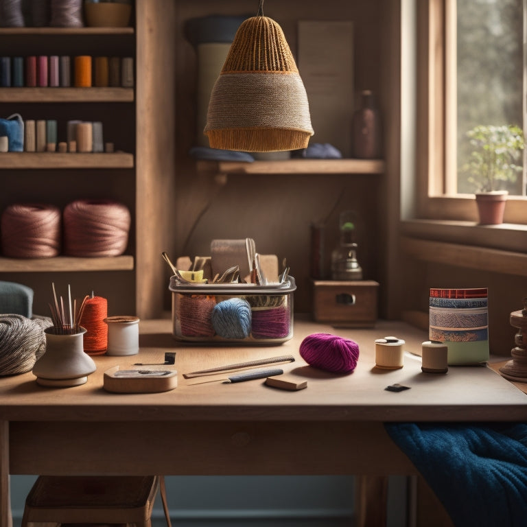 A tidy, minimalist workspace with a wooden desk, a few crafting tools, and a sliding drawer filled with colorful fabrics, threads, and yarns, illuminated by a warm, soft light.