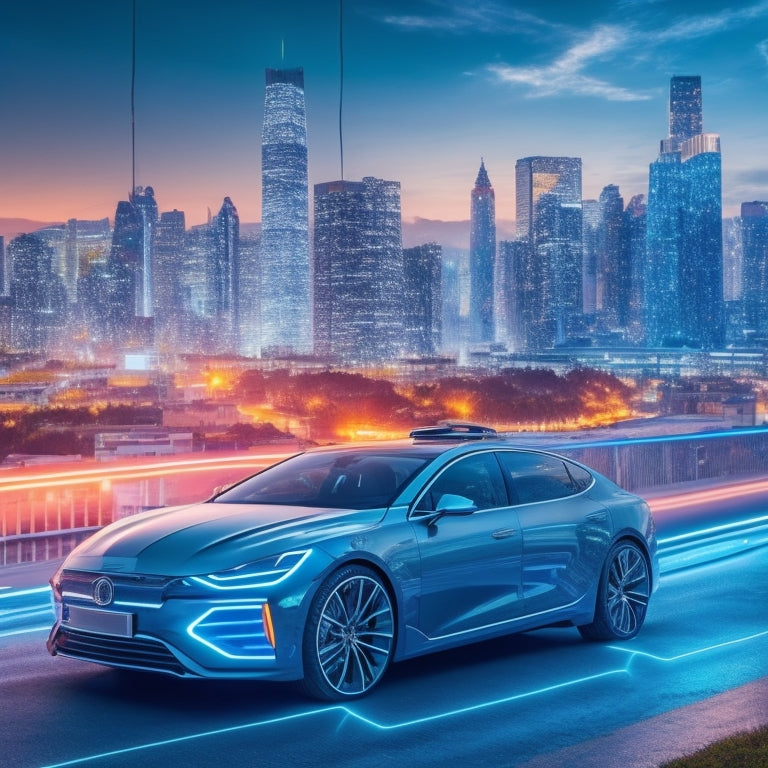 A futuristic, sleek, silver car with glowing blue circuits and wires underneath, surrounded by hovering tablets and smartphones, set against a cityscape background with neon lights.