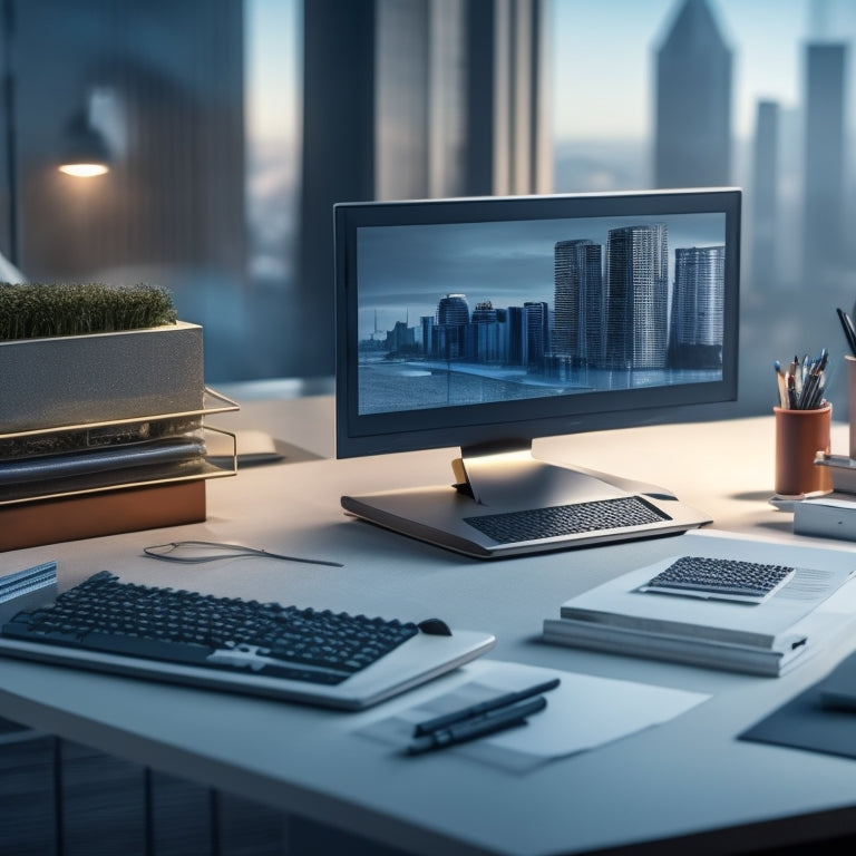 A futuristic desk with a sleek laptop displaying a 3D architectural model, surrounded by scattered blueprints, pencils, and a miniature building model, with a subtle cityscape background.