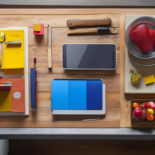 A tidy kitchen countertop with an iPad in the center, surrounded by a few organized kitchen utensils, a small notebook with a pen, and a few colorful sticky notes, against a calm, light-wood background.