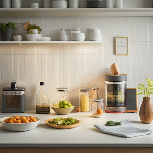 A minimalist kitchen with warm lighting, featuring a tidy countertop with a few sleek, organized containers and a tablet displaying a kitchen app, surrounded by a few healthy ingredients and utensils.