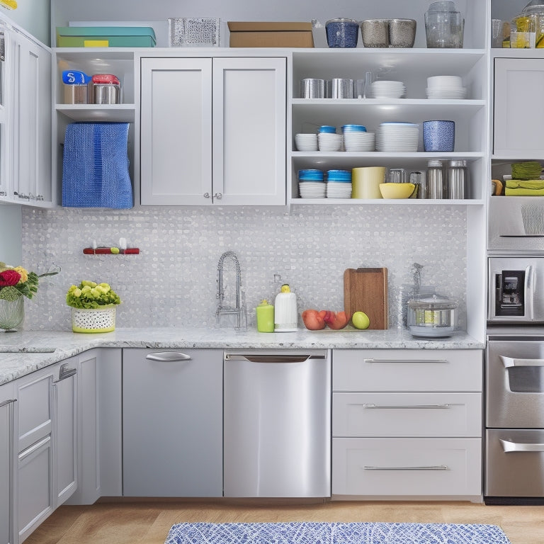 An organized kitchen with a senior-friendly layout: a utensil organizer with large handles, a lazy Susan in a corner cabinet, a pull-out trash can, and a whiteboard on the fridge with magnets.