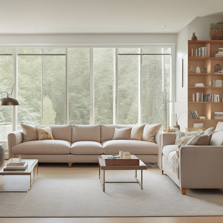 A bright, modern living room with floor-to-ceiling custom built-in shelves in a warm wood tone, surrounding a large window, and a comfy sectional sofa in a soft, neutral color.