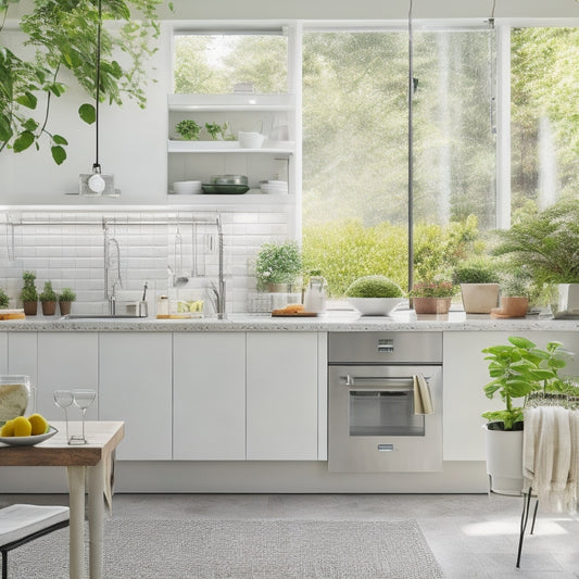 A bright, modern kitchen with sleek white countertops, a stainless steel island, and a pegboard with neatly organized utensils, surrounded by lush greenery and flooded with natural light.