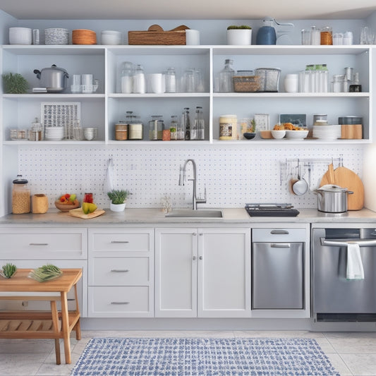 A tidy, L-shaped kitchen with white cabinets, stainless steel appliances, and a pale gray countertop, featuring a pegboard on the wall, a utensil organizer on the counter, and a slide-out spice rack.