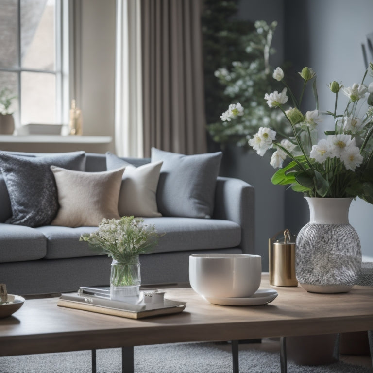 A serene, well-lit living room with a few, carefully selected decorative pieces, a minimalist coffee table, and a vase with fresh flowers, surrounded by subtle hints of a "before" cluttered space in the background.