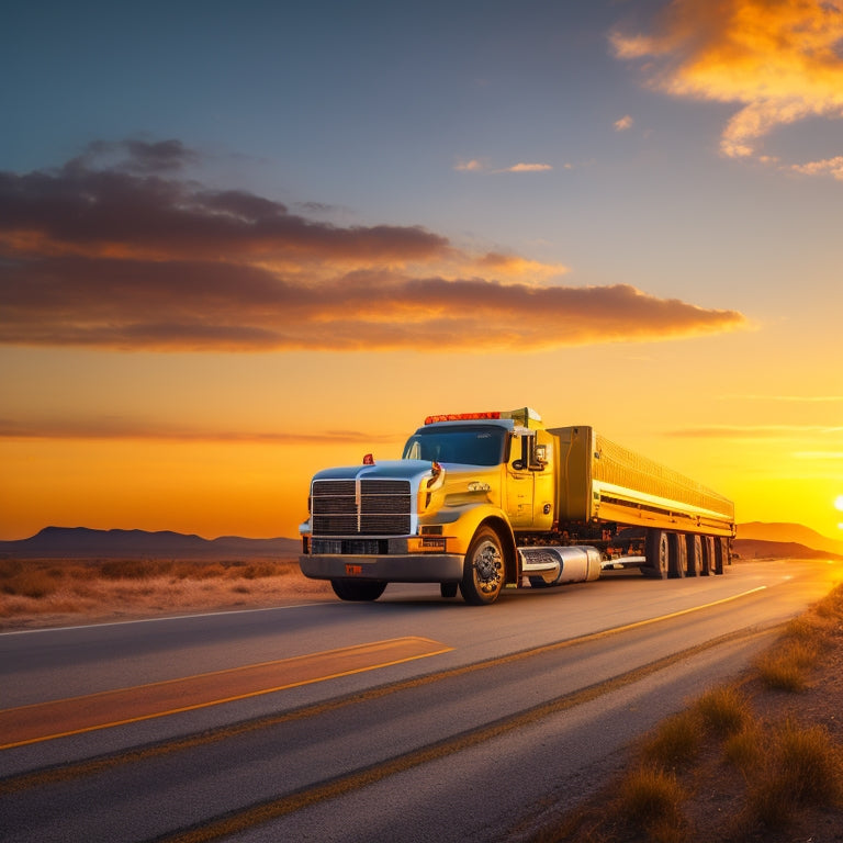 A sleek, modern tow truck with flashing yellow lights pulls a stranded vehicle onto a flatbed, set against a warm, golden sunset on a deserted highway with a few wispy clouds.