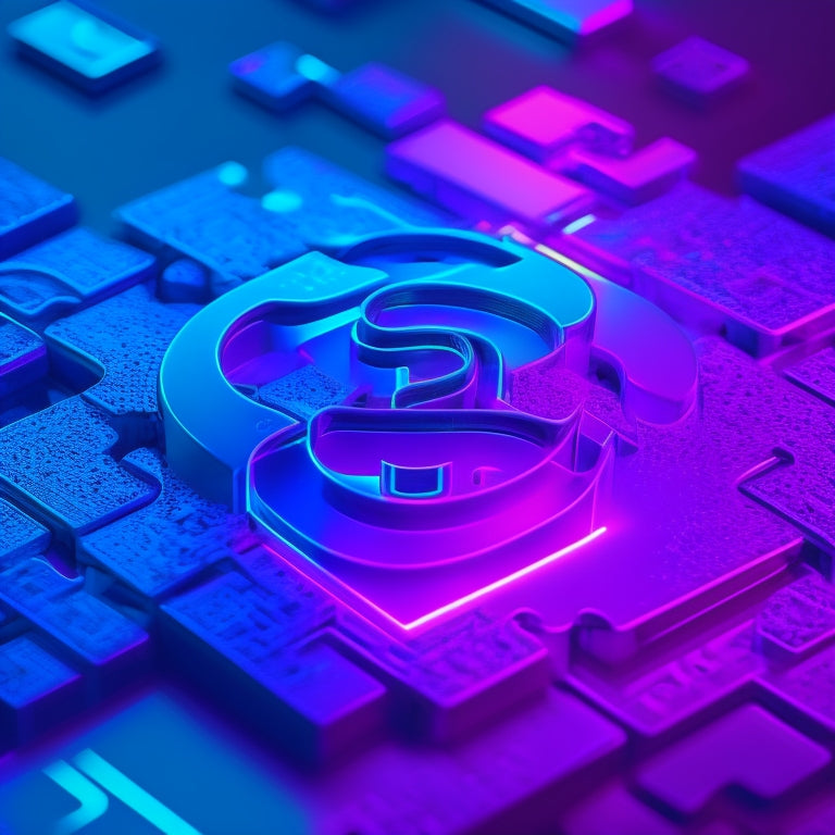 A futuristic, neon-lit puzzle piece with a Shopify logo at its center, surrounded by swirling coding symbols and a subtle, gradient background that shifts from blue to purple.