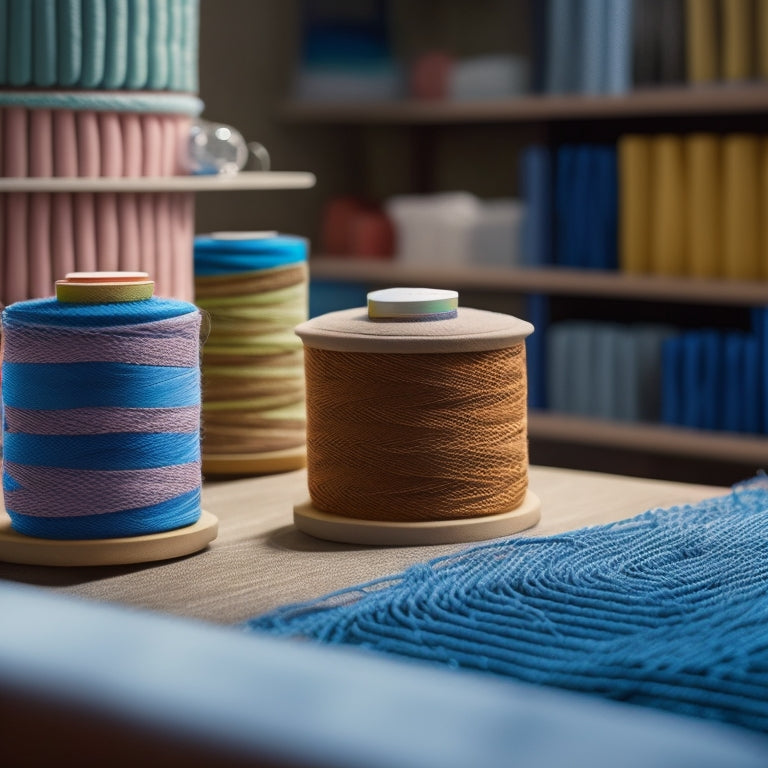 An intricate, muted-colored thread unravels from a spool, weaving through a maze of cubicles, symbolizing the complexities of workplace exemptions, with subtle hints of office supplies and paperwork in the background.