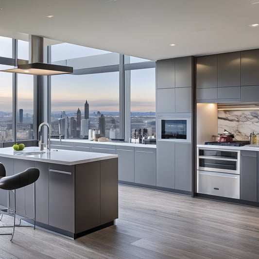 A sleek, modern kitchen with high-gloss cabinets, marble countertops, and a massive island featuring a built-in wine cooler, surrounded by floor-to-ceiling windows and a stunning city skyline view.