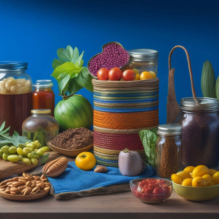 A colorful, curated still life of various plant-based staples, including a woven basket of fresh produce, a glass jar of nut butter, and a few artfully arranged cans of beans and tomatoes.