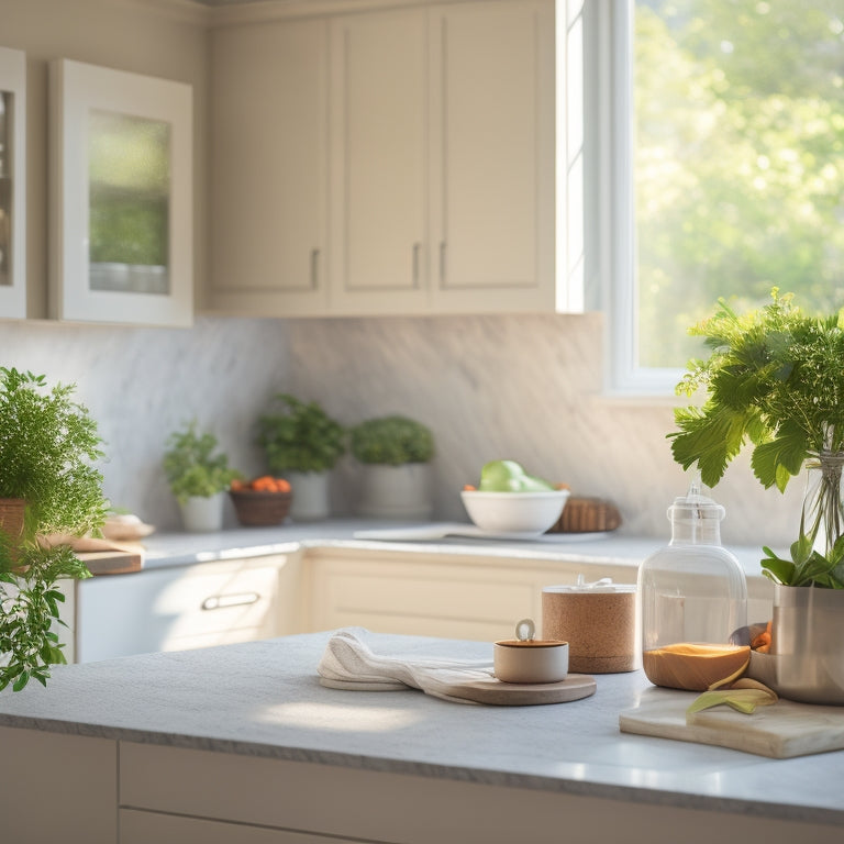 A sparkling clean kitchen with a minimalist aesthetic, featuring a decluttered countertop, a few strategically placed cookbooks, and a vase with fresh greenery, illuminated by warm natural light.