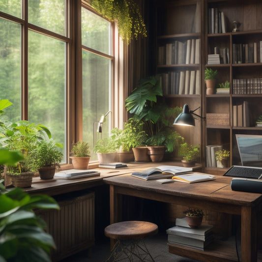 A serene, organized study space with a wooden desk, a laptop, and a few open books, surrounded by lush greenery and a subtle, natural light filtering through a nearby window.