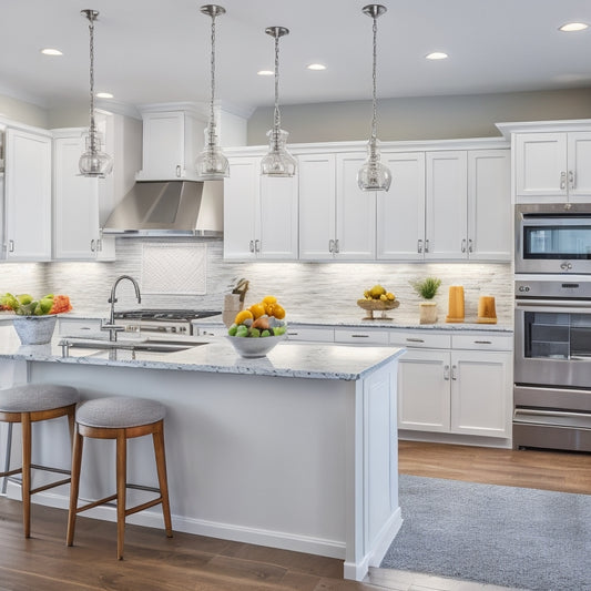 A bright, modern kitchen with stainless steel appliances, quartz countertops, and white cabinets, featuring a large island with a built-in sink and pendant lights, surrounded by a warm, inviting atmosphere.