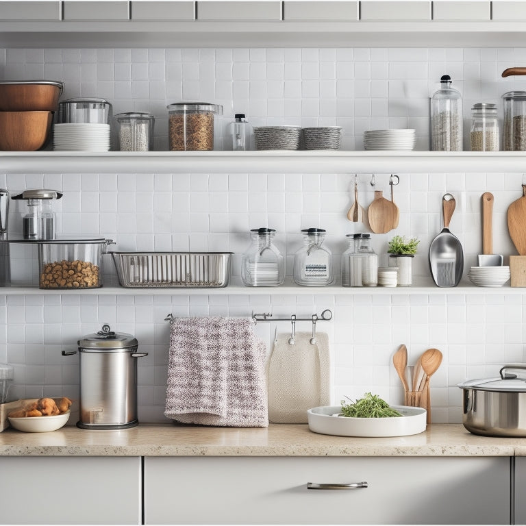 A clean and organized kitchen with a utensil organizer on the wall, a labeled spice rack, a tidy utensil drawer, and a minimalist kitchen counter with a few strategically placed appliances.