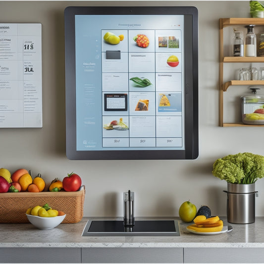 A modern kitchen with a large, touchscreen tablet mounted on the wall, displaying a digital calendar and shopping list, surrounded by neatly organized utensils, cookbooks, and a few fresh fruits.