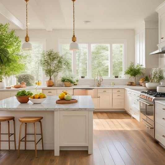 A bright, airy kitchen with warm wooden floors, sleek white cabinets, and a large center island adorned with pendant lights, surrounded by lush greenery and a blurred background of a sunny day.