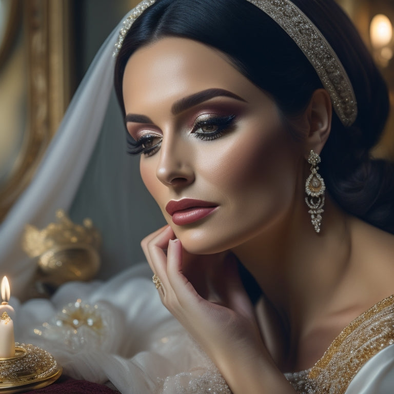 A glamorous, dark-haired bride sits in a luxurious, velvet-draped room, surrounded by ornate gold accents and soft, warm lighting, as a skilled makeup artist applies a flawless, dewy makeup look.