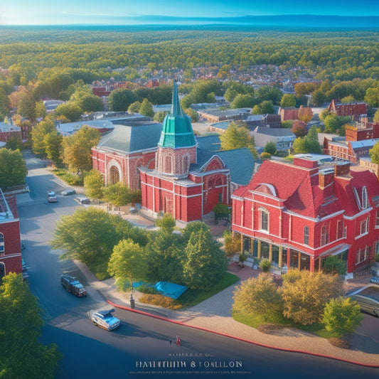 A vibrant, aerial illustration of Easthampton's cityscape, with revitalized buildings, lush green spaces, and bustling streets, featuring a mix of modern architecture, pedestrian zones, and thriving local businesses.
