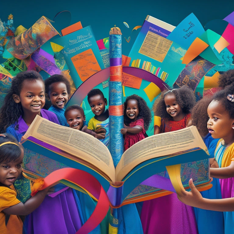 A vibrant, stylized illustration of an open Bible with colorful, swirling ribbons and bookmarks emerging from its pages, surrounded by diverse, engaged children of various ages and ethnicities.