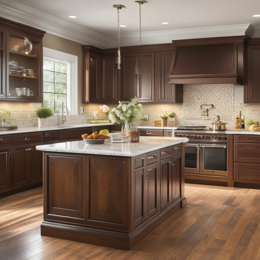 A bright, modern kitchen with sleek, custom-made cabinetry in a warm, honey-brown wood tone, featuring ornate hardware, soft-close drawers, and a large, quartz-topped island with a built-in cooktop.