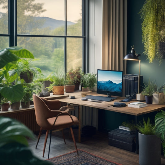 A serene home office setup with a person sitting comfortably at a desk, surrounded by plants, with a laptop and ergonomic keyboard, and a subtle background of a cityscape or nature.