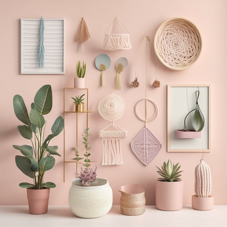 A stylized, minimalist illustration featuring a mix of 10-15 assorted trending Etsy products, such as macrame wall hangings, woven baskets, and geometric planters, arranged artfully on a pastel-hued background.