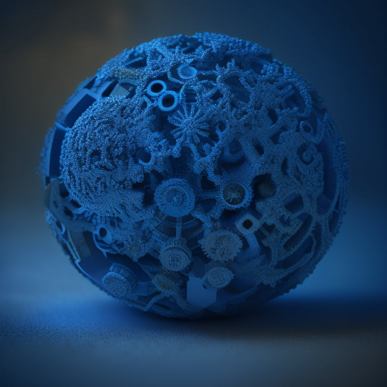 An intricate, 3D puzzle sphere with interconnected gears, threads, and cogs, set against a dark blue background with subtle, swirling patterns, evoking complexity and strategic analysis.