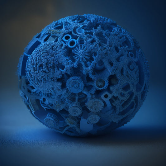 An intricate, 3D puzzle sphere with interconnected gears, threads, and cogs, set against a dark blue background with subtle, swirling patterns, evoking complexity and strategic analysis.