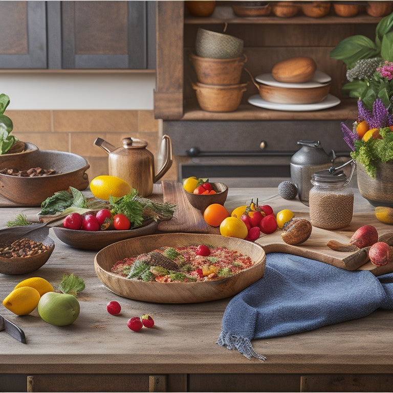 A serene, rustic kitchen scene featuring a large, wooden cutting board centered with a perfectly arranged, vibrant, and colorful paleo meal, surrounded by a few, carefully placed, fresh ingredients and a few, open, earth-toned cookbooks.