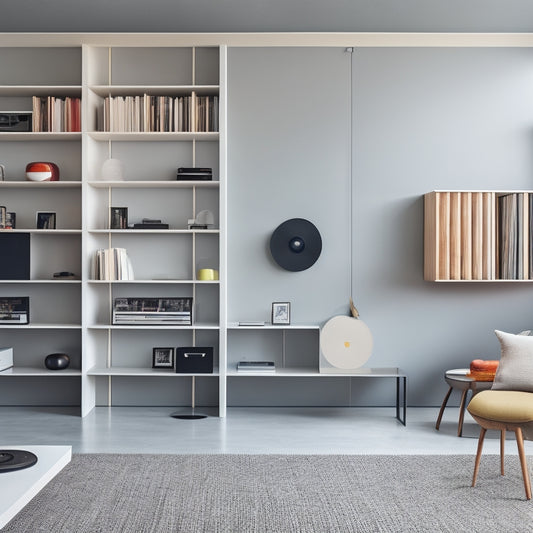 A minimalist, modern room with a sleek, floor-to-ceiling vinyl record storage unit featuring sliding panels, geometric shapes, and a subtle color palette, surrounded by a few scattered records and a turntable.