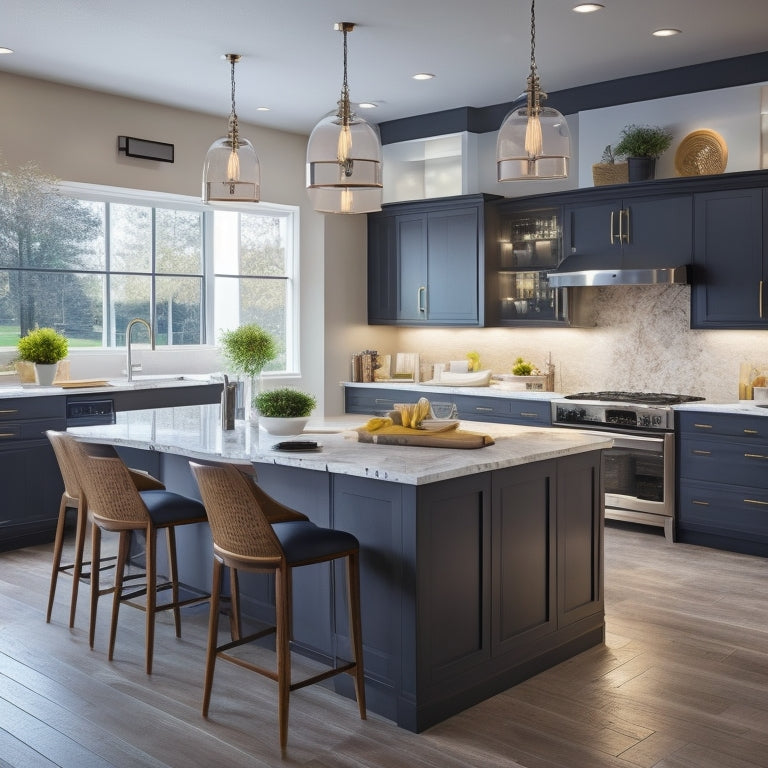 A modern kitchen with sleek countertops, a large island, and pendant lighting, surrounded by multiple screens displaying 3D kitchen designs and floor plans in various software interfaces.