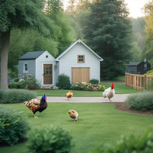 A serene backyard scene featuring three unique chicken coops with distinct architectural styles: modern minimalist, rustic farmhouse, and whimsical cottage, surrounded by lush greenery and happy chickens.