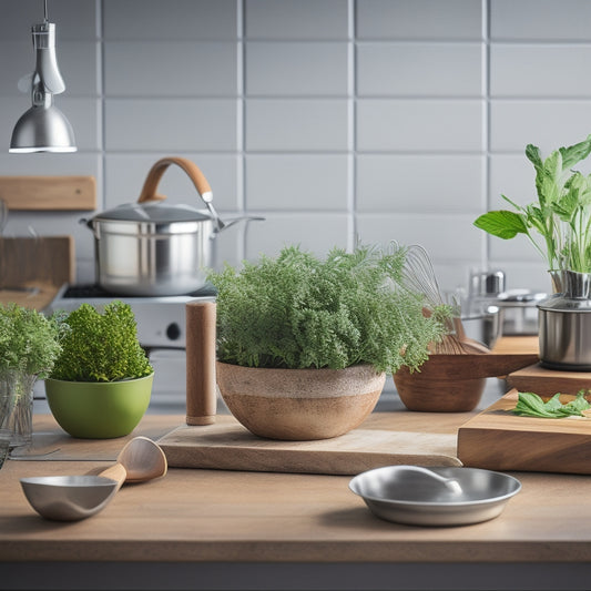 A tidy, well-lit kitchen counter with a stainless steel stand mixer, wooden spoon, silicone whisk, chef's knife, cutting board, and a few strategically placed fresh herbs, against a warm, neutral background.