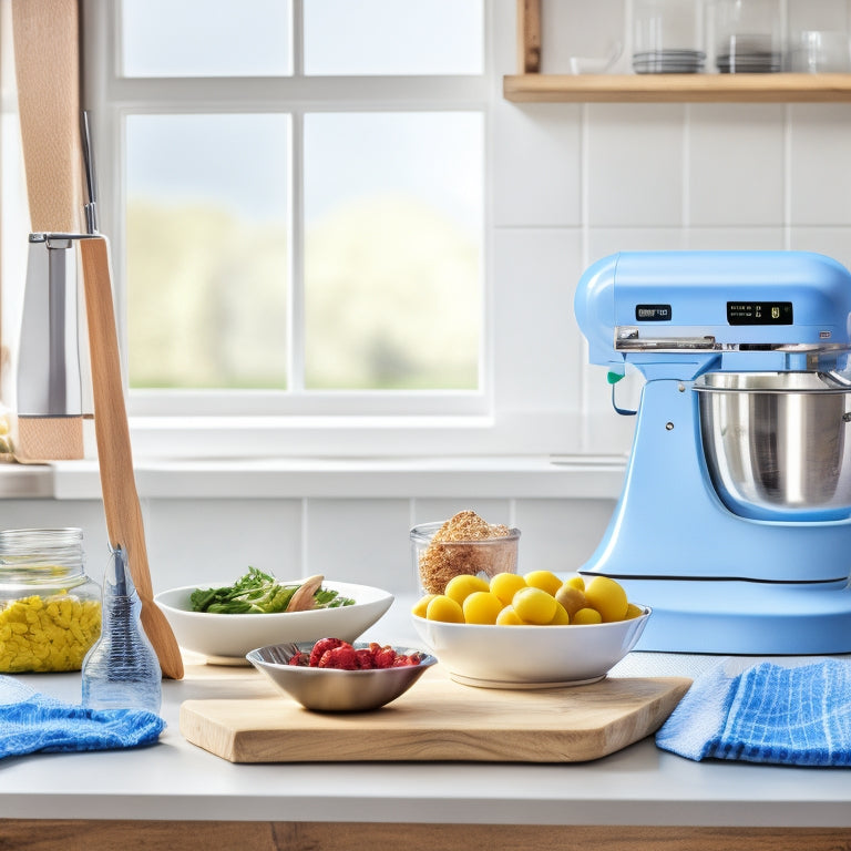 A clutter-free kitchen counter with a stainless steel stand mixer, a digital kitchen scale, and a silicone utensil organizer, surrounded by a few fresh ingredients and a wooden cutting board.