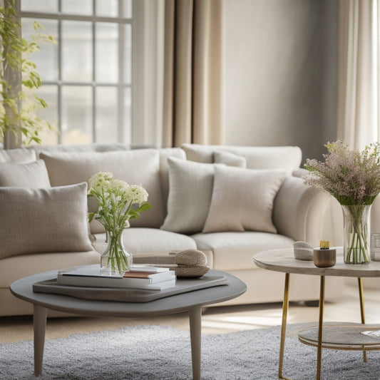 A beautifully staged living room with natural light pouring in, featuring a neutral-colored sofa, a vase with fresh flowers on a minimalist coffee table, and a few carefully placed decorative items.