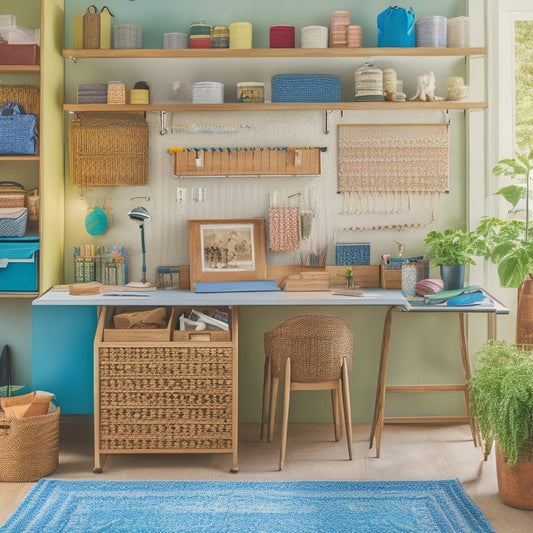 A clutter-free craft studio with a pegboard adorned with hanging baskets, spools of thread, and scissors, alongside a tidy desk with labeled drawers, a wooden craft cart, and a few neatly rolled up rugs.