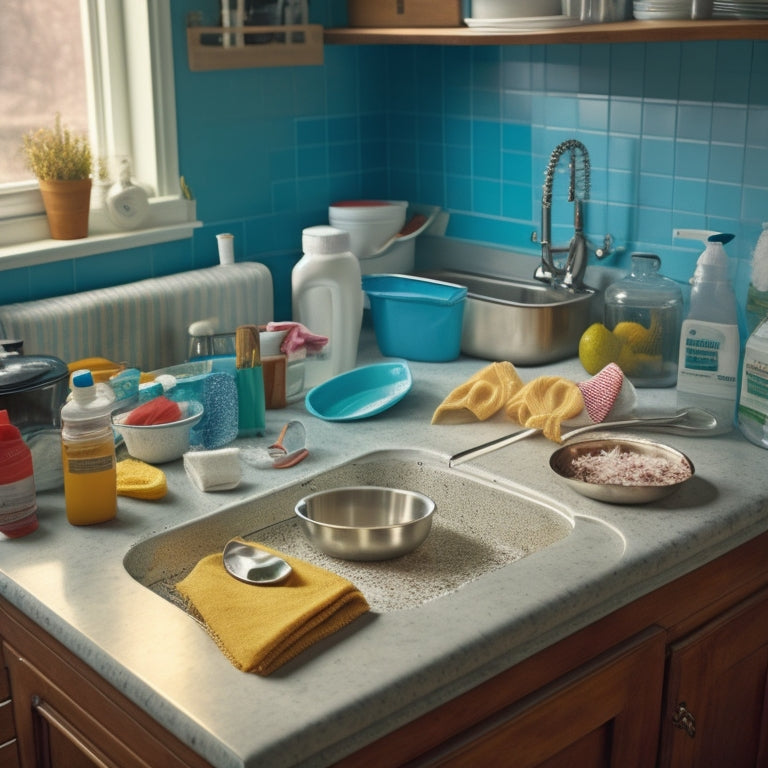 A cluttered college kitchen countertop with a sink full of dirty dishes, surrounded by a few scattered cleaning supplies, including a scrub brush, all-purpose cleaner, and a microfiber cloth.