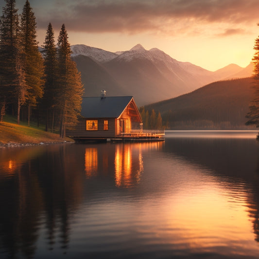 A serene lakeside scene at sunset, with a warm-lit modern cabin nestled among tall trees, a sailboat drifting on calm waters, and the White Mountains rising in the background.