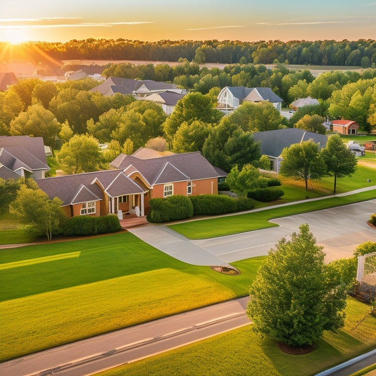 A serene aerial view of Fort Gordon's residential area, with neatly lined trees, vibrant green lawns, and a mix of modern and traditional-style homes, bathed in warm golden sunlight.