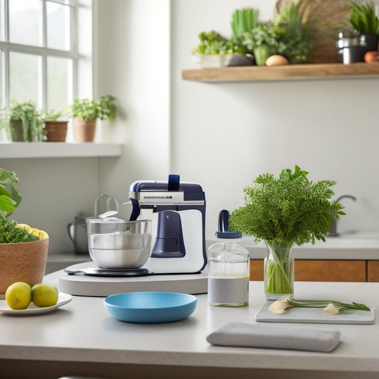 A serene kitchen counter with a sleek tablet, a wireless charging pad, and a compact stand mixer, surrounded by a few, artfully arranged, fresh ingredients and a small potted herb.