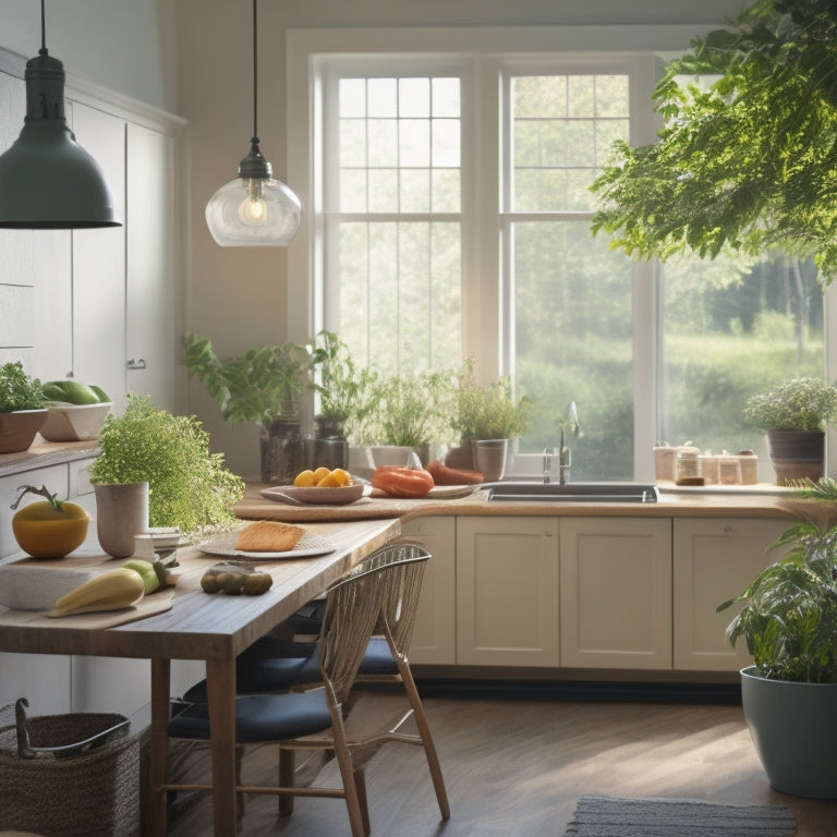 A serene kitchen scene: a tidy island with a single, open laptop, a few fresh ingredients, and a small, perfectly organized meal planning board, surrounded by lush greenery and warm natural light.