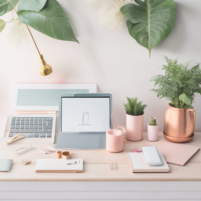 A minimalist, pastel-hued workspace featuring a laptop, iPad, and smartphone displaying Etsy digital download mockups, surrounded by creative supplies and a few lush greenery elements.