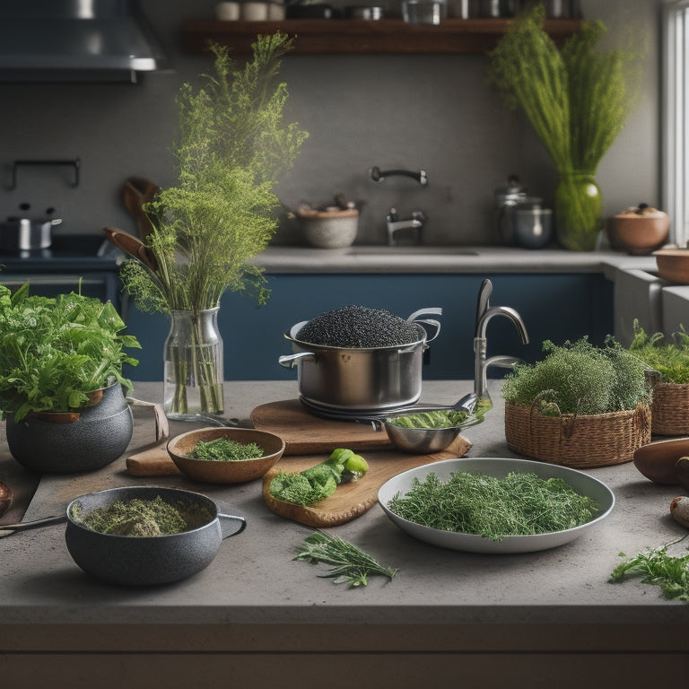 A cluttered kitchen countertop with utensils, pots, and ingredients scattered around, contrasted with a perfectly plated dish in the center, garnished with fresh herbs and a sprinkle of microgreens.