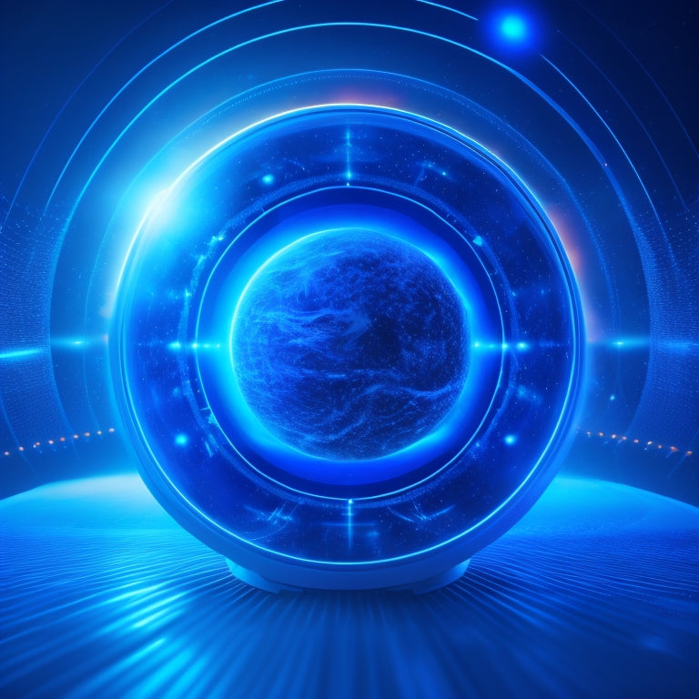 A futuristic, circular interface with glowing blue lines and nodes, surrounded by orbiting spheres and swirling clouds of data, set against a dark, gradient blue background.