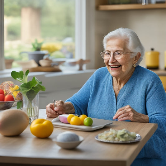 An elderly person, smiling and seated at a kitchen table, surrounded by a tablet, smartphone, and a few healthy ingredients, with a subtle background of a calendar or planner.