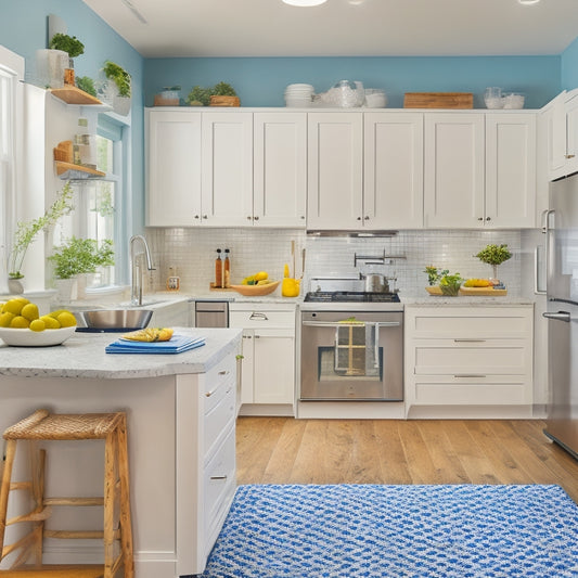 A bright, modern tiny kitchen with a small island, stainless steel appliances, and white cabinets, featuring a laptop open to a meal planning website on the counter, surrounded by cookbooks and utensils.