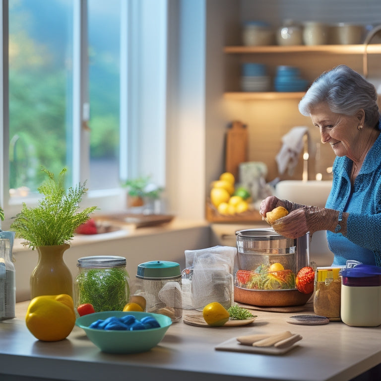 A serene, well-lit kitchen with a few, carefully selected items on the countertops, a tidy utensil organizer, and a senior's gentle hands holding a small, labeled storage bin.