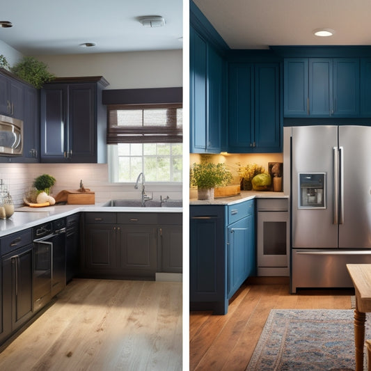 A split-screen image featuring a dark, cramped kitchen with outdated cabinets and worn countertops on one side, and a bright, modern kitchen with sleek appliances, quartz countertops, and large windows on the other.