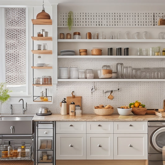 A bright, modern kitchen with sleek white countertops, stainless steel appliances, and warm wood cabinets, featuring a pegboard with hanging utensils, a spice rack, and a pull-out pantry organizer.